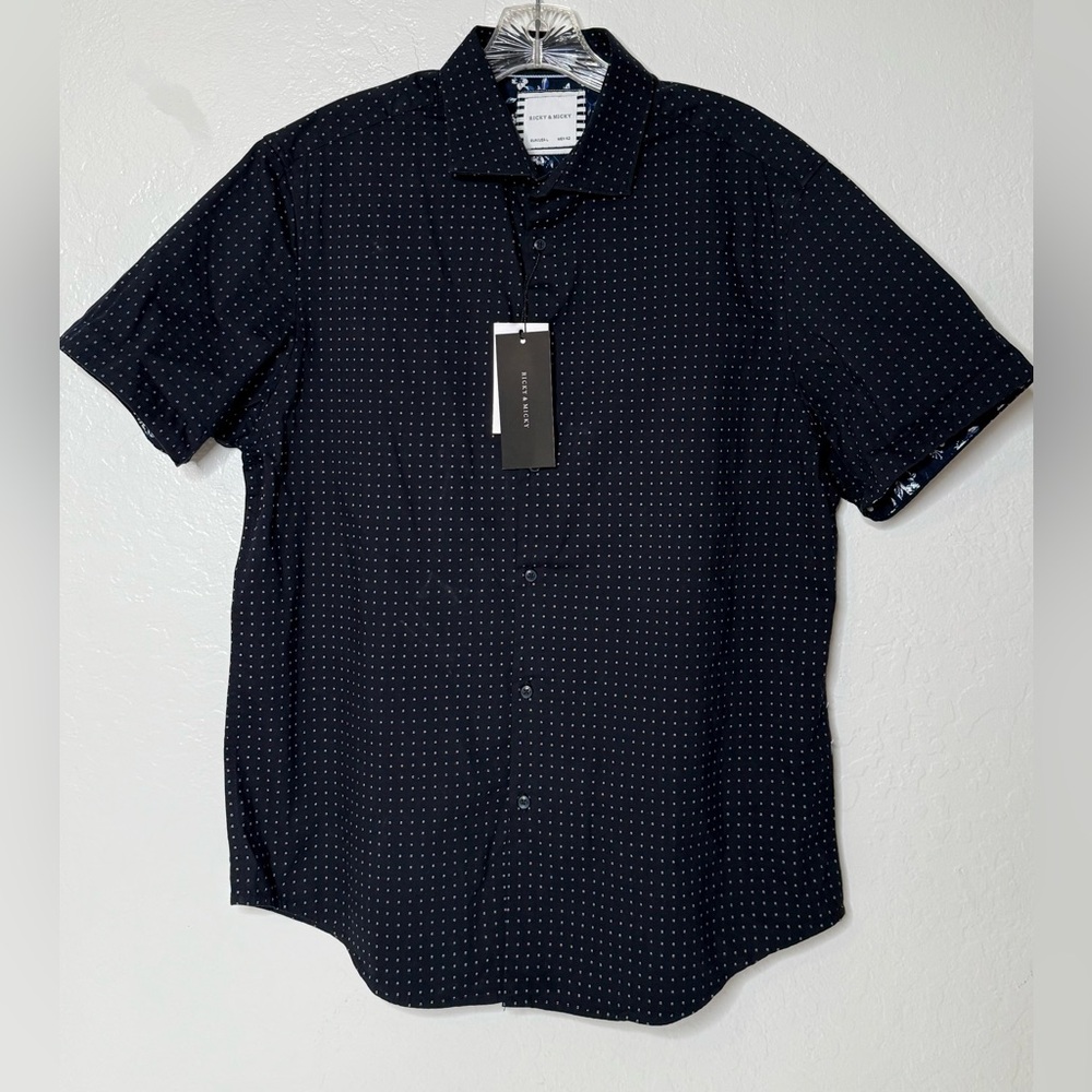 Ricky & Micky Button Up Polo‎ Shirt Mens Size Large Blue White Floral Preppy New